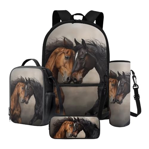 Poceacles Kinder Rucksäcke Set, 4-teiliges Set mit großer Kapazität Rucksack Thermo Lunchbox Tasche Federmäppchen Flaschenhülle, Pferdemuster, Einheitsgröße, Schulranzen-Set von Poceacles