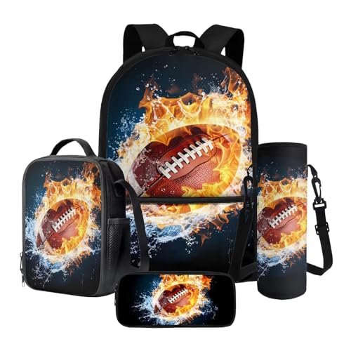 Poceacles Kinder Rucksäcke Set, 4-teiliges Set mit großer Kapazität Rucksack Thermo Lunchbox Tasche Federmäppchen Flaschenhülle, Rugbyball Flame Black, Einheitsgröße, Schulranzen-Set von Poceacles