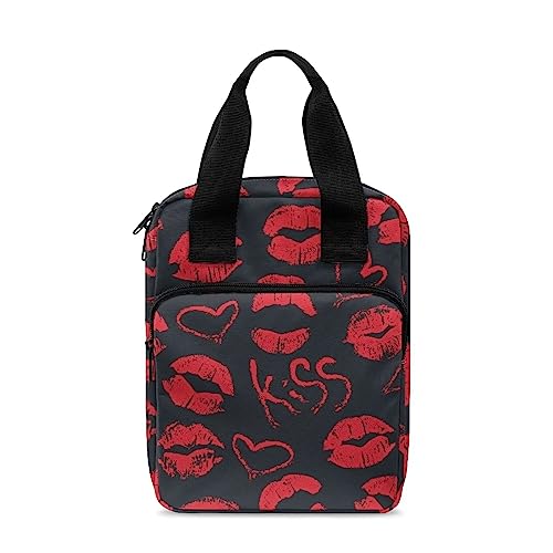 Poceacles Kiss Red Lips Print Bibelhüllen für Frauen, Bibelschutztasche mit Reißverschlusstasche, Studie Bibeltasche Kirchengeschenke, Schwarz von Poceacles