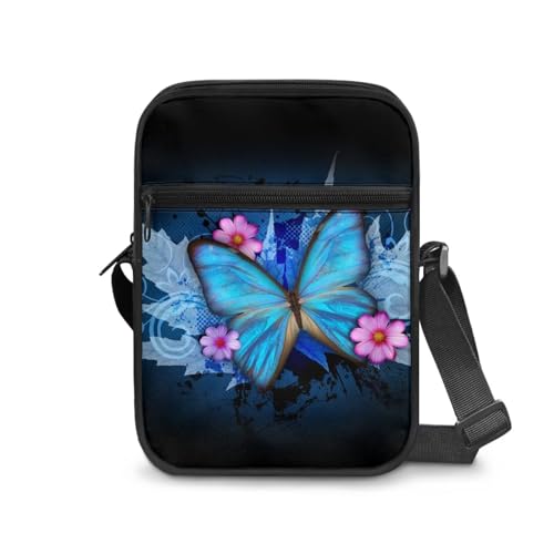 Poceacles Kleine Umhängetasche, Umhängetasche, Kuriertasche für Damen und Herren, Reißverschluss, Handy-Handtaschen, Hüfttasche, Crossbody-Tasche, blau mit schmetterlingen, Einheitsgröße von Poceacles