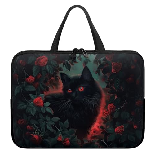 Poceacles Laptop-Tragetasche mit Katzenrose, Blumendruck, Laptoptasche für Männer und Frauen, tragbare Laptophülle, Studenten, Umhängetasche, wasserdichte Tragetasche für Computer von Poceacles