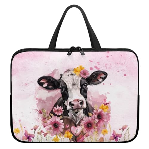 Poceacles Laptoptasche mit Kuh-Blumenmuster für Damen, wasserdicht, tragbare Laptoptasche, Tragetasche, Schutzhandtasche, Neopren, Netbook/Ultrabook, schützende Aktentasche, Rosa von Poceacles