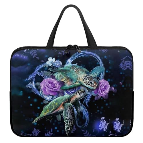 Poceacles Laptoptasche mit Schildkröten-Rosen-Blumendruck, wasserdichte Laptophülle, tragbare Laptophülle, Neopren, Netbook/Ultrabook-Schutzhülle, Aktentasche, Tragetasche von Poceacles