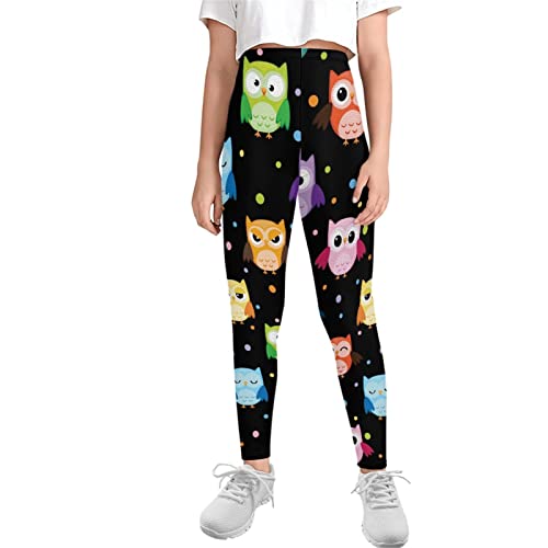 Poceacles Mädchen-Leggings, dehnbar, bequem, Kinder-Leggings, hohe Taille, Hüftlift, Mädchen, Yogahose für Tanz, Cartoon-Eulen, schwarz, 10-11 Jahre von Poceacles