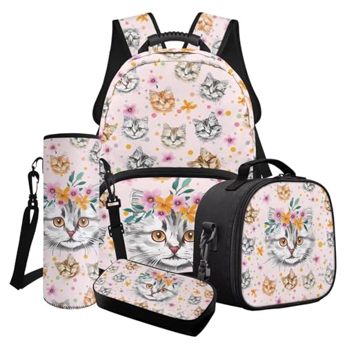 Poceacles Mädchen-Rucksack-Set, 4-teiliges Set, Grundschule, Junior, Mittelschule, Schultasche, Lunchbox, Tasche, Federmäppchen, Flaschenhalter, Niedliche Katze, Blumenmuster, Rosa, Einheitsgröße Poceacles Mädchen-Rucksack-Set, 4-teiliges Set, Grundschule, Junior, Mittelschule, Schultasche, Lunchbox, Tasche, Federmäppchen, Flaschenhalter, Niedliche Katze, Blumenmuster, Rosa, Einheitsgröße von Poceacles