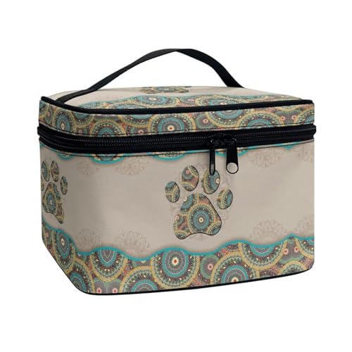 Poceacles Make-up-Tasche, tragbare Kosmetiktasche, großes Fassungsvermögen, Reise-Make-up-Organizer, Mädchen, Damen, Kulturbeutel mit Griff, Boho-Mandala-Hundepfote, Einheitsgröße von Poceacles