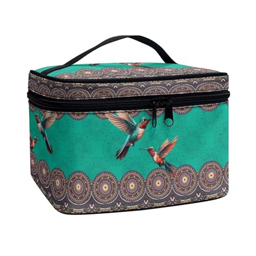 Poceacles Make-up-Tasche, tragbare Kosmetiktasche, großes Fassungsvermögen, Reise-Make-up-Organizer, Mädchen, Damen, Kulturbeutel mit Griff, Boho Mandala Kolibri, Einheitsgröße von Poceacles