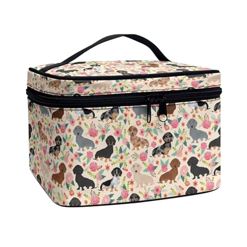 Poceacles Make-up-Tasche, tragbare Kosmetiktasche, großes Fassungsvermögen, Reise-Make-up-Organizer, Mädchen, Damen, Kulturbeutel mit Griff, Dackel, Blumenblüte, Einheitsgröße von Poceacles