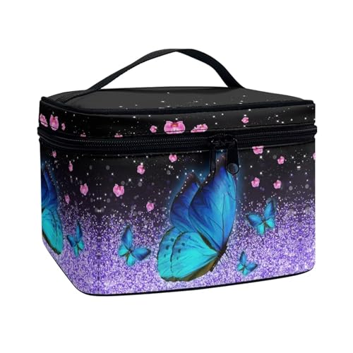 Poceacles Make-up-Tasche, tragbare Kosmetiktasche, großes Fassungsvermögen, Reise-Make-up-Organizer, Mädchen, Damen, Kulturbeutel mit Griff, Glitzernder Schmetterling, Einheitsgröße von Poceacles