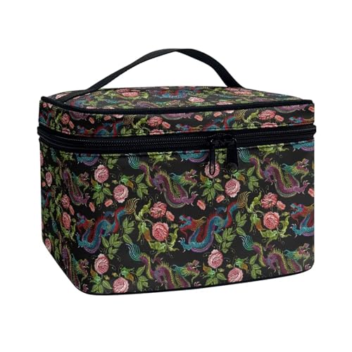 Poceacles Make-up-Tasche, tragbare Kosmetiktasche, großes Fassungsvermögen, Reise-Make-up-Organizer, Mädchen, Damen, Kulturbeutel mit Griff, Japanische Drachenrose, Einheitsgröße von Poceacles