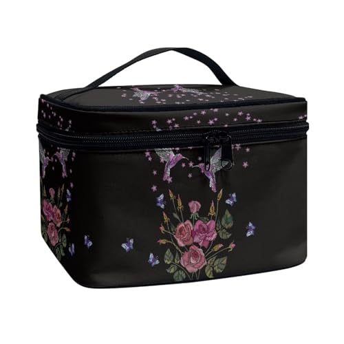 Poceacles Make-up-Tasche, tragbare Kosmetiktasche, großes Fassungsvermögen, Reise-Make-up-Organizer, Mädchen, Damen, Kulturbeutel mit Griff, Kolibri-Rose, Einheitsgröße von Poceacles