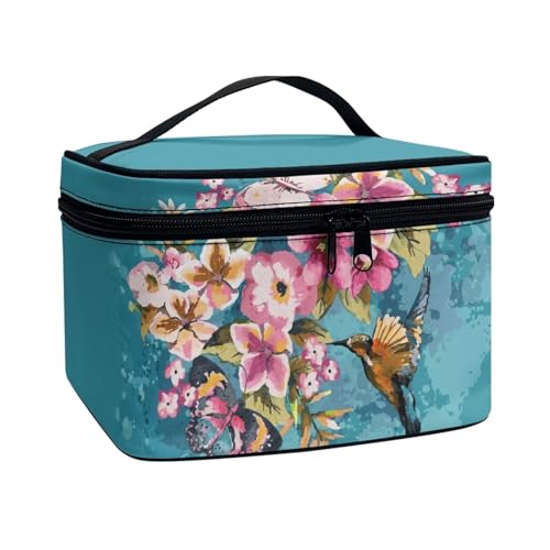 Poceacles Make-up-Tasche, tragbare Kosmetiktasche, großes Fassungsvermögen, Reise-Make-up-Organizer, Mädchen, Damen, Kulturbeutel mit Griff, Pfirsichblüten-Kolibri, Einheitsgröße von Poceacles