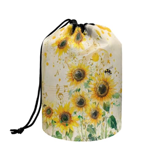Poceacles Make-up-Tasche mit Kordelzug für Damen, große Reise-Kosmetiktasche, tragbarer Kulturbeutel, Organizer, Aufbewahrungstasche, Sonnenblumen-Musiknote, Biene, Einheitsgröße von Poceacles