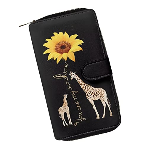 Poceacles Damen-Geldbörse aus PU-Leder, Kreditkartenetui, Brieftasche, Damengeldbörse, Außenklammer, Münztasche, lang, langlebig, Giraffe Sonnenblume, Einheitsgröße, Modern von Poceacles