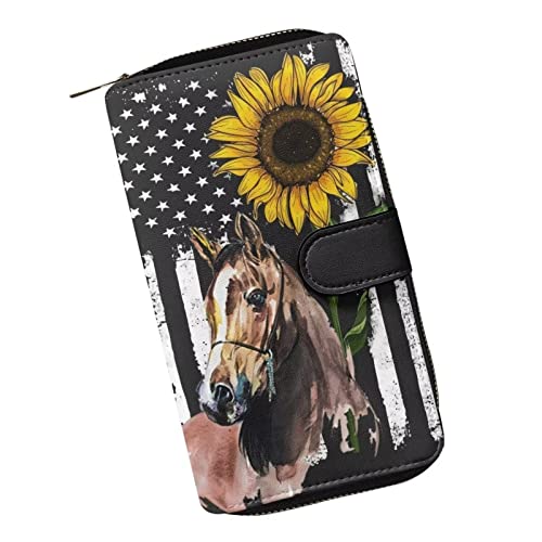 Poceacles PU-Leder Damen Geldbörse Kreditkartenhalter Geldbörsen Damen Hasp Geldbörse Damen Außenseite Clip Tasche Münze Lange Haltbare Geldbörse, Pferd Amerikanische Flagge Sonnenblume, Einheitsgröße, Modern von Poceacles