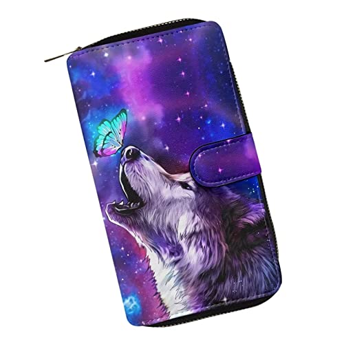 Poceacles PU-Leder Damen Geldbörse Kreditkartenhalter Geldbörsen Damen Hasp Geldbörse Damen Außenseite Clip Tasche Münze Lange Haltbare Geldbörse, Wolf Schmetterling Galaxy, Einheitsgröße, Modern von Poceacles