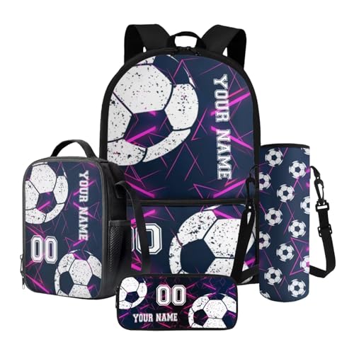 Poceacles Personalisiertes Rucksack-Set für Kinder, 4-teiliges Schulranzen-Set mit Lunchbag, Federmäppchen, Flaschenhülle mit Namen und Nummer, personalisierter Rucksack, abstraktes geometrisches von Poceacles