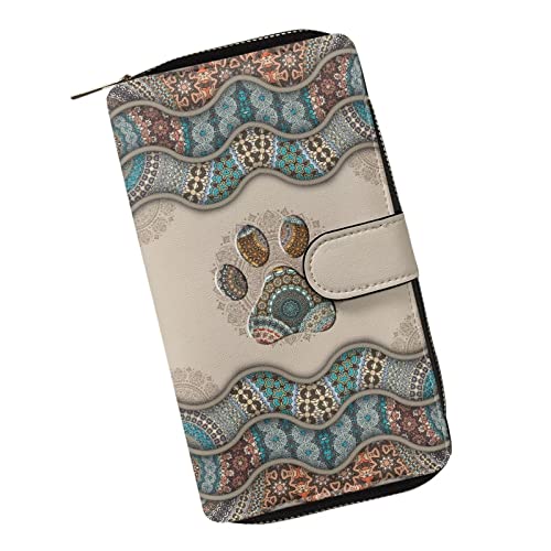 Poceacles Pocket Wallet Damen Mini Portemonnaie mit Ausweisfenster Damen Herren Geldbörse Blockieren PU Leder Kartenhalter Reißverschluss Münzbörse, Boho-Hundepfote, Einheitsgröße, Modern von Poceacles