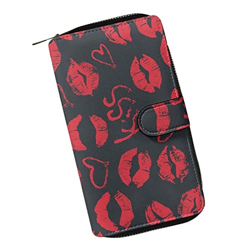 Poceacles Pocket Wallet Damen Mini Portemonnaie mit Ausweisfenster Damen Herren Geldbörse Blockieren PU Leder Kartenhalter Reißverschluss Münzbörse, Rote Lippen Kuss, Einheitsgröße, Modern von Poceacles