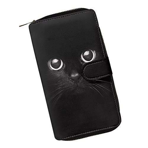 Poceacles Pocket Wallet Damen Mini Portemonnaie mit Ausweisfenster Damen Herren Geldbörse Blockieren PU Leder Kartenhalter Reißverschluss Münzbörse, schwarze katze, Einheitsgröße, Modern von Poceacles