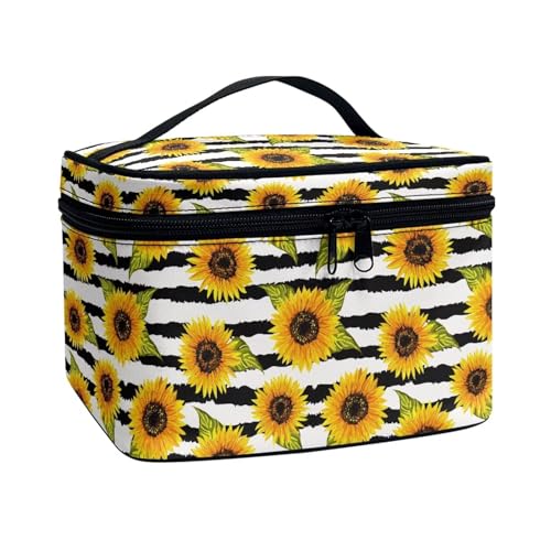 Poceacles Reise-Make-up-Tasche, große Kapazität, Kosmetiktasche für Damen, tragbare Tasche, Kulturbeutel, Make-up-Organizer mit Griff, Gestreifte Sonnenblume, Einheitsgröße von Poceacles