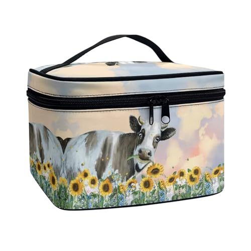 Poceacles Reise-Make-up-Tasche, große Kapazität, Kosmetiktasche für Damen, tragbare Tasche, Kulturbeutel, Make-up-Organizer mit Griff, Kuh Sonnenblume, Einheitsgröße von Poceacles