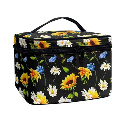 Poceacles Reise-Make-up-Tasche, große Kapazität, Kosmetiktasche für Damen, tragbare Tasche, Kulturbeutel, Make-up-Organizer mit Griff, Sonnenblumen-Gänseblümchen, Einheitsgröße von Poceacles