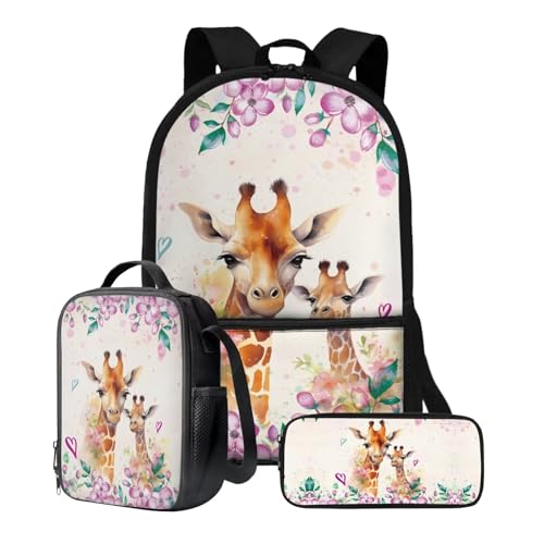Poceacles Rucksack mit Lunchbox, Schulbüchertasche für Kinder, 3-teiliges Schulranzen-Set für Reisen, Tagesrucksack, Giraffenblumen, Einheitsgröße von Poceacles