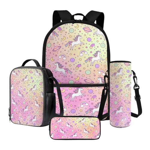 Poceacles Schulranzen-Set 4-teiliges Kinder-Büchertaschen-Set mit Rucksack, Lunchtasche, Federmäppchen, Wasserflaschenträger für Mädchen und Jungen, Pferd Regenbogen Stern Planet Rosa Farbverlauf, von Poceacles