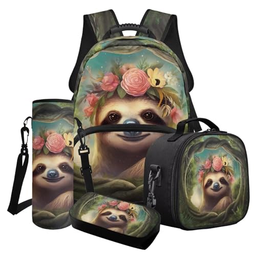 Poceacles Schulranzen-Set für Mädchen und Jungen, 4-in-1 Büchertaschen-Set mit süßem Rucksack, Lunch-Tasche, Federmäppchen, Wasserflaschenhalter, Faultier Rose Blumenzweig, Einheitsgröße von Poceacles