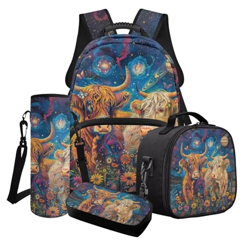 Poceacles Schulranzen-Set für Mädchen und Jungen, 4-in-1 Büchertaschen-Set mit süßem Rucksack, Lunch-Tasche, Federmäppchen, Wasserflaschenhalter, Hochlandkuh Planet Galaxie Gänseblümchen Surrealismus von Poceacles