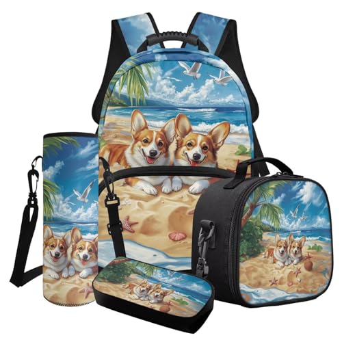 Poceacles Schulranzen-Set für Mädchen und Jungen, 4-in-1 Büchertaschen-Set mit süßem Rucksack, Lunch-Tasche, Federmäppchen, Wasserflaschenhalter, Süße Corgi Hund Möwe Strand Seestern Muschel von Poceacles