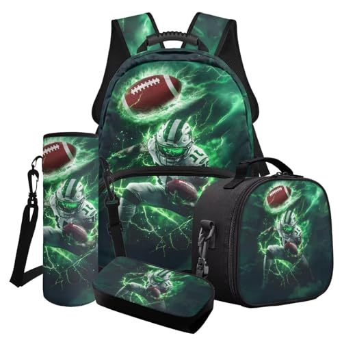 Poceacles Schulrucksack-Set für Jungen Teenager, 4 in 1 Büchertaschen-Set mit isolierter Lunchtasche Federmäppchen Wasserflasche Tasche, American Football Athlete Green Lightning Print, Einheitsgröße Poceacles Schulrucksack-Set für Jungen Teenager, 4 in 1 Büchertaschen-Set mit isolierter Lunchtasche Federmäppchen Wasserflasche Tasche, American Football Athlete Green Lightning Print, Einheitsgröße von Poceacles