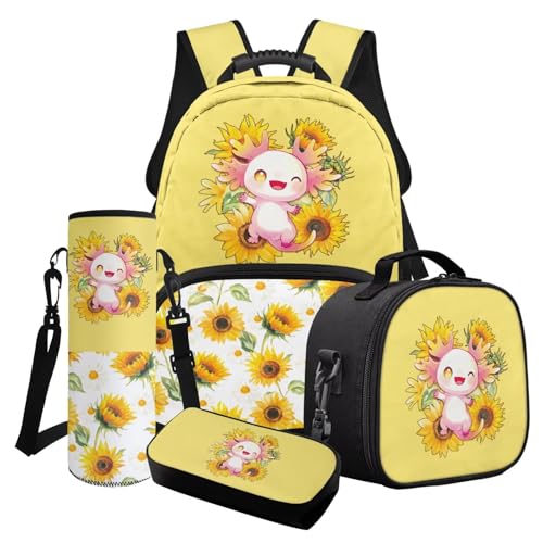 Poceacles Schulrucksack-Set für Mädchen, 4-teiliges Set, stilvolle Schultaschen, isolierte Lunchtasche, Federmäppchen, modischer Rucksack, Büchertasche, Axolotl Sonnenblumengelb, Einheitsgröße von Poceacles