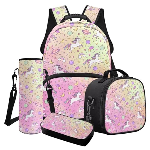 Poceacles Schulrucksack-Set für Mädchen, 4-teiliges Set, stilvolle Schultaschen, isolierte Lunchtasche, Federmäppchen, modischer Rucksack, Büchertasche, Horse Planet Star Rainbow Pink Gradient von Poceacles
