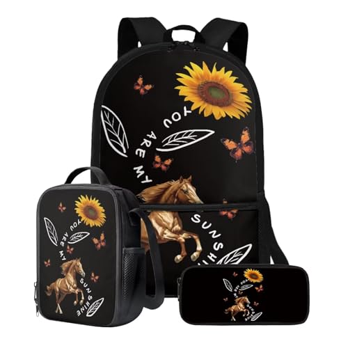 Poceacles Schulrucksack für Kinder, leicht, Schüler-Büchertasche mit Federmäppchen, Lunchbox, Schulbedarf, Sonnenblumenpferd, Einheitsgröße von Poceacles