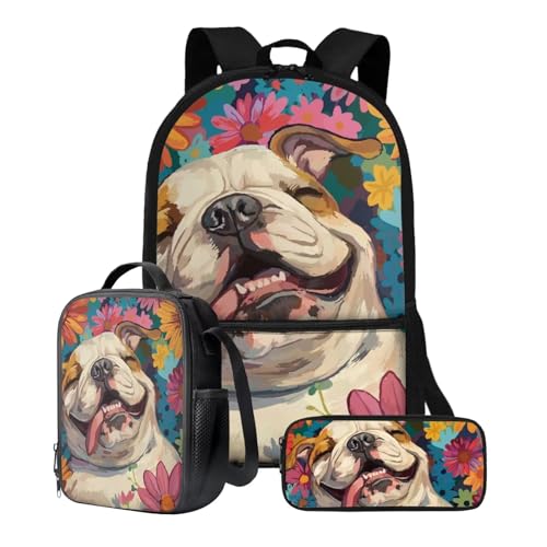 Poceacles Schulrucksack mit englischer Bulldogge, mit Lunch-Tasche, Federmäppchen, 3 Stück, Schulbüchertasche, Reißverschluss, Federmäppchen, wiederverwendbar, Bento-Lunchbox für Mittelschule, Mädchen von Poceacles