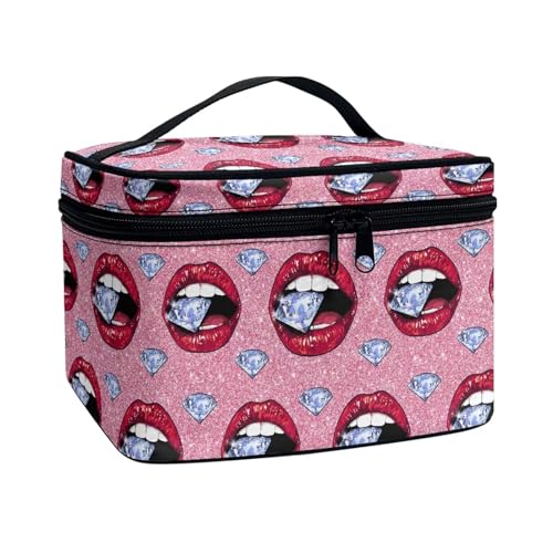 Poceacles Tragbare Make-up-Tasche, Kosmetiktasche für Damen und Mädchen, multifunktionaler Kulturbeutel, Organizer für Reise-Zubehör, Pop Art Red Lips Diamond, Einheitsgröße von Poceacles