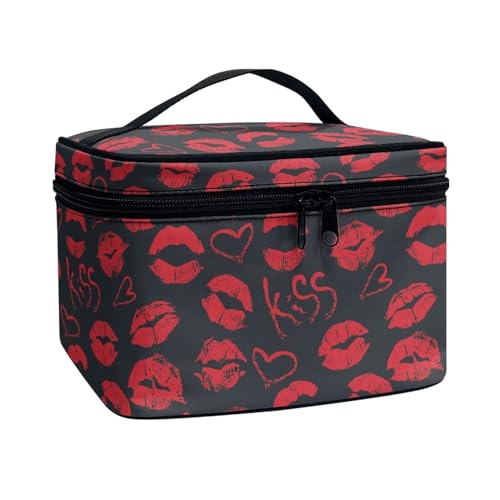 Poceacles Tragbare Make-up-Tasche, Kosmetiktasche für Damen und Mädchen, multifunktionaler Kulturbeutel, Organizer für Reise-Zubehör, Red Lip Kiss, Einheitsgröße von Poceacles