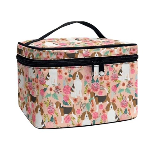 Poceacles Tragbare Make-up-Tasche mit großem Fassungsvermögen, Reise-Kosmetiktasche für Damen und Mädchen, Make-up-Pinsel-Etui, Kulturbeutel mit Reißverschluss, Beagle Dog Floral Blossom, von Poceacles