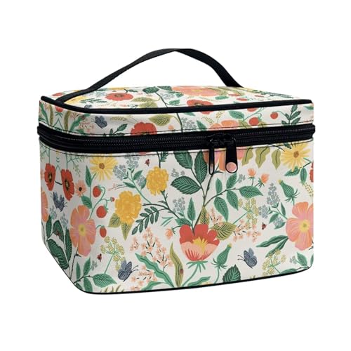 Poceacles Tragbare Make-up-Tasche mit großem Fassungsvermögen, Reise-Kosmetiktasche für Damen und Mädchen, Make-up-Pinsel-Etui, Kulturbeutel mit Reißverschluss, Helles Blumenmuster, Einheitsgröße von Poceacles