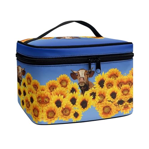 Poceacles Tragbare Make-up-Tasche mit großem Fassungsvermögen, Reise-Kosmetiktasche für Damen und Mädchen, Make-up-Pinsel-Etui, Kulturbeutel mit Reißverschluss, Kuh Sonnenblume, Einheitsgröße von Poceacles