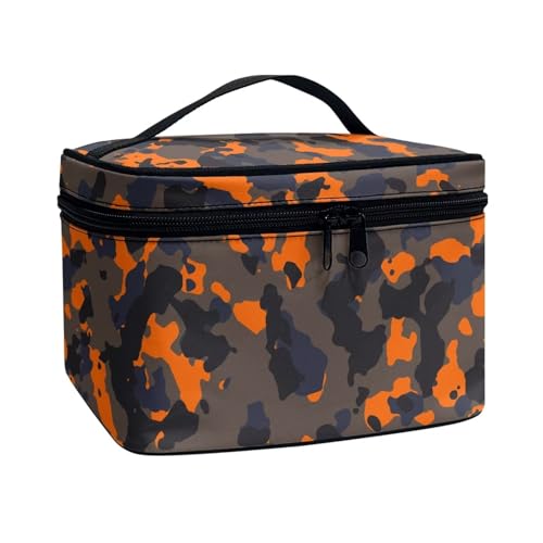 Poceacles Tragbare Make-up-Tasche mit großem Fassungsvermögen, Reise-Kosmetiktasche für Damen und Mädchen, Make-up-Pinsel-Etui, Kulturbeutel mit Reißverschluss, Orange, Schwarz, Camouflage, von Poceacles