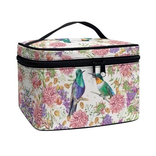 Poceacles Tragbare Make-up-Tasche mit großem Fassungsvermögen, Reise-Kosmetiktasche für Damen und Mädchen, Make-up-Pinsel-Etui, Kulturbeutel mit Reißverschluss, Pfingstrosen-Kolibri, Einheitsgröße von Poceacles