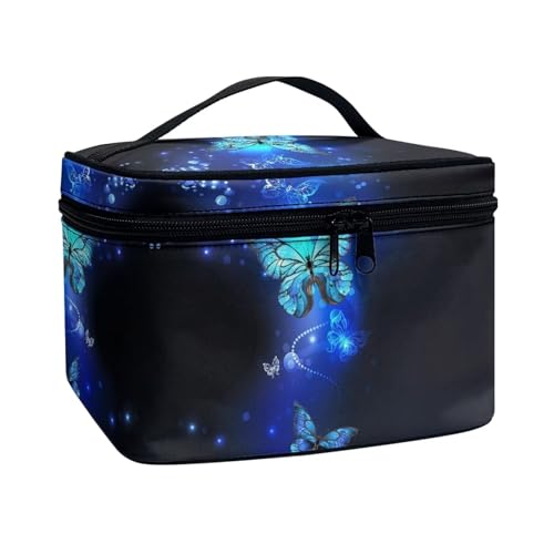 Poceacles Tragbare Make-up-Tasche mit großem Fassungsvermögen, Reise-Kosmetiktasche für Damen und Mädchen, Make-up-Pinsel-Etui, Kulturbeutel mit Reißverschluss, blau mit schmetterlingen, Einheitsgröße von Poceacles