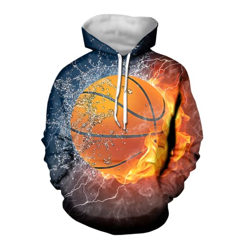 Poceacles Unisex Sweatshirt Kapuzenpullover mit Kängurutasche, leicht Casual Hoodie Sweatshirt für Reisen Sport, Novetly Männer Pullover Grafik, Feuer- und Wasser-Basketball, mehrfarbig, L von Poceacles