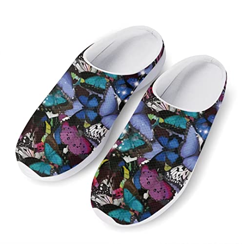 Poceacles Weiche, atmungsaktive Garten-Clogs für Damen, rutschfest, rückenfrei, Wanderschuhe, Pantoletten, Slip-on Mesh Hausschuhe, Schmetterlinge Blau, 40.5 EU von Poceacles