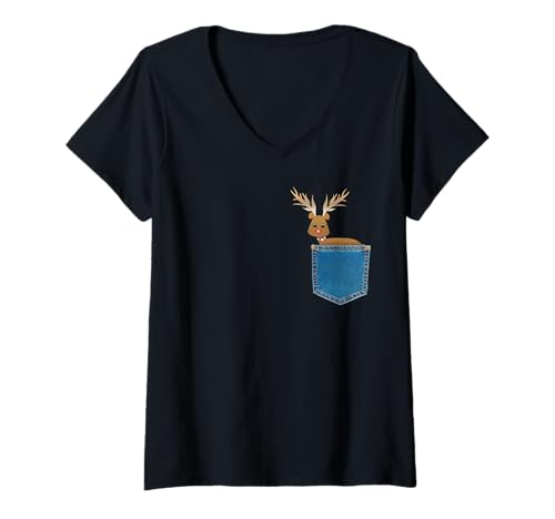 Damen Weihnachtsmann und Rentier, niedlich, Weihnachten T-Shirt mit V-Ausschnitt Damen Weihnachtsmann und Rentier, niedlich, Weihnachten T-Shirt mit V-Ausschnitt von Pocket Animal Designs