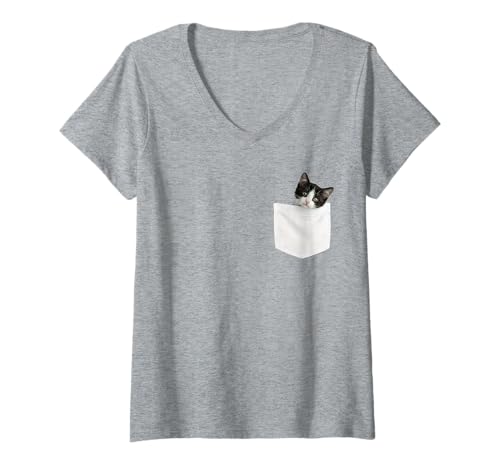 Damen Katzentasche guckt süße Katze in der Tasche T-Shirt mit V-Ausschnitt Damen Katzentasche guckt süße Katze in der Tasche T-Shirt mit V-Ausschnitt von Pocket Cat Merch