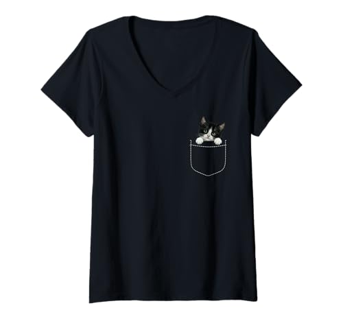 Damen Katzentasche guckt süße Katze in der Tasche T-Shirt mit V-Ausschnitt Damen Katzentasche guckt süße Katze in der Tasche T-Shirt mit V-Ausschnitt von Pocket Cat Merch
